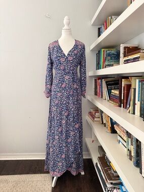Natalie Martin Silk Navy and Red Floral Wrap maxi Dress Small